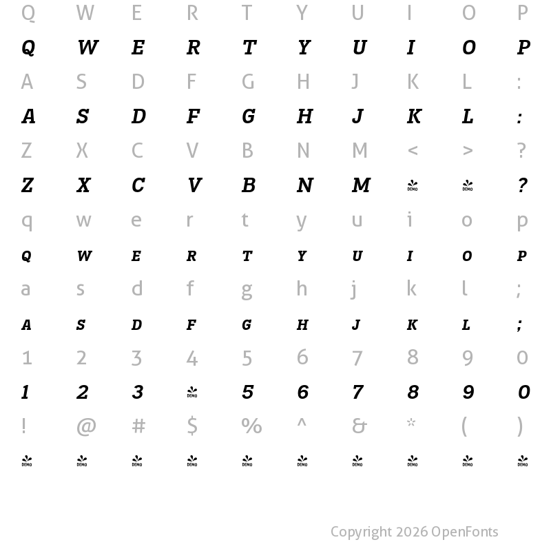 Character Map of FONTSPRING DEMO - Madawaska Sc Rg Bold Italic