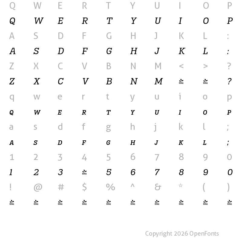 Character Map of FONTSPRING DEMO - Madawaska Sc Rg Italic