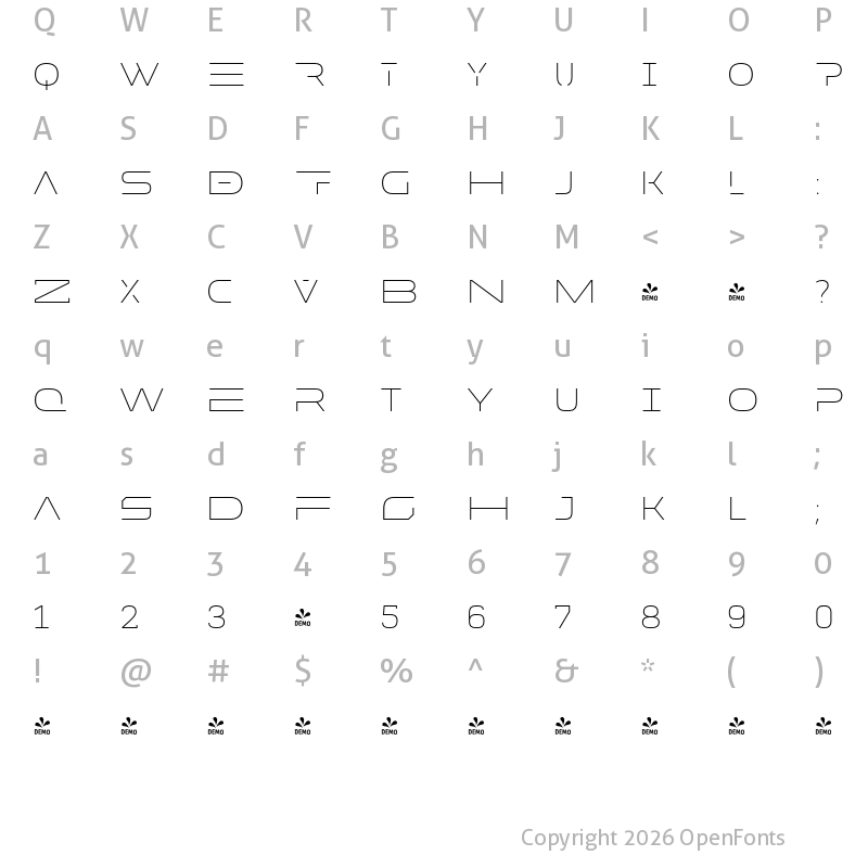 Character Map of FONTSPRING DEMO - MADE Future X HEADER Thin
