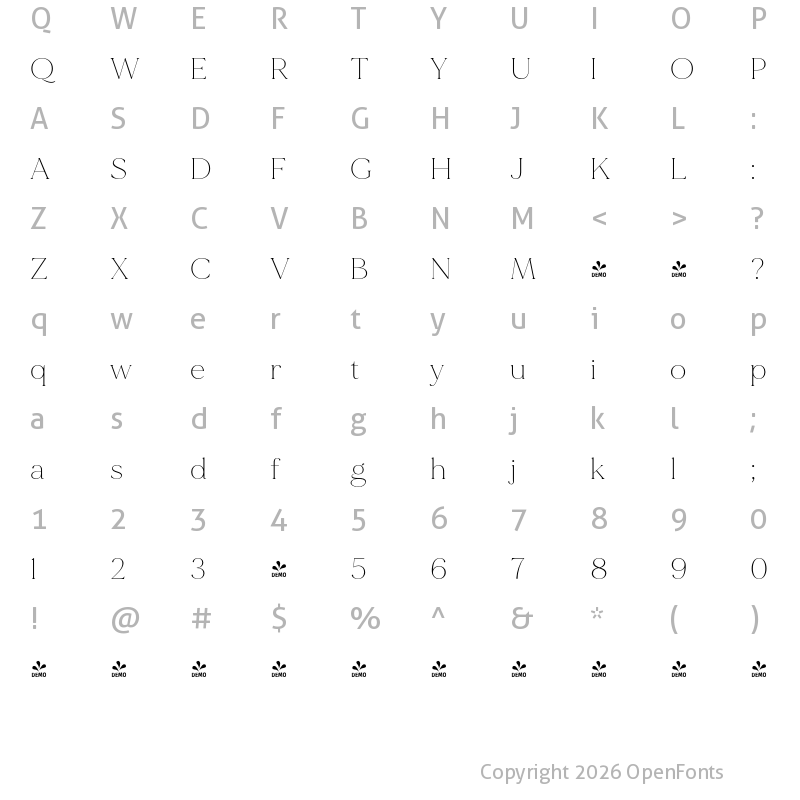 Character Map of FONTSPRING DEMO - MADE Mirage Thin