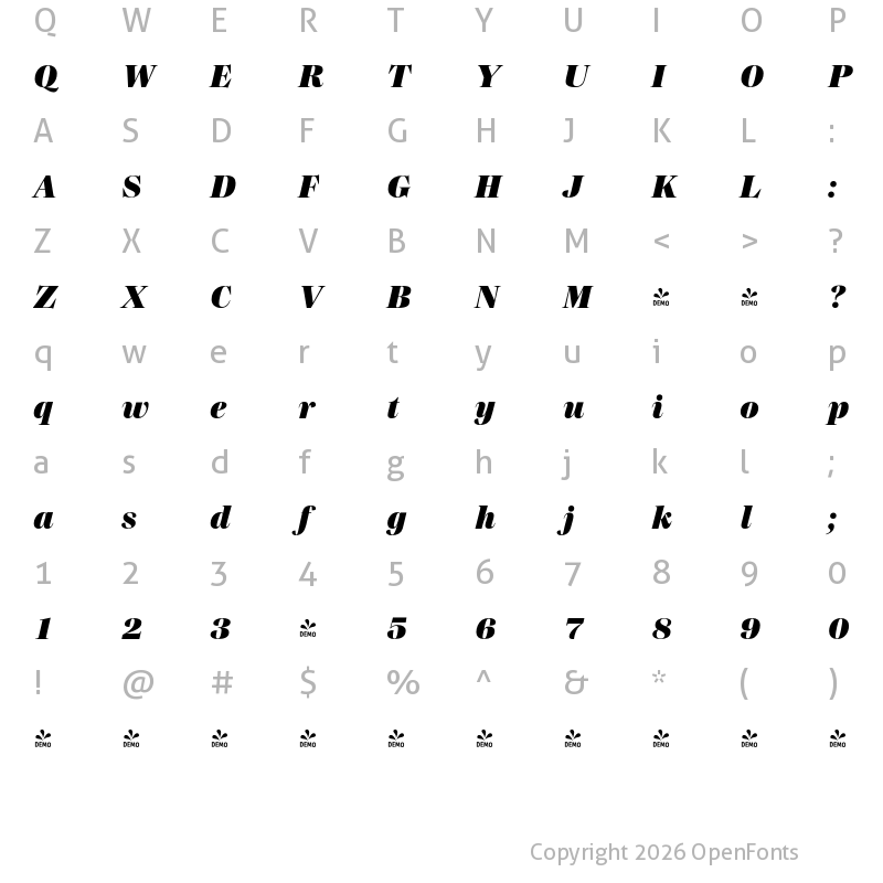 Character Map of FONTSPRING DEMO - Madigan Text Black Italic
