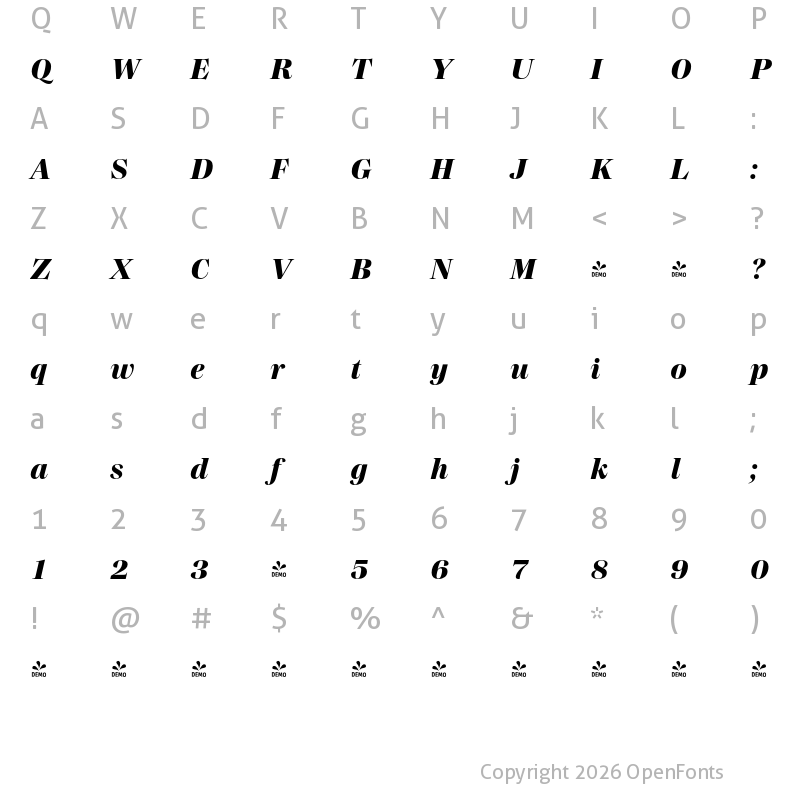 Character Map of FONTSPRING DEMO - Madigan Text Extrabold Italic