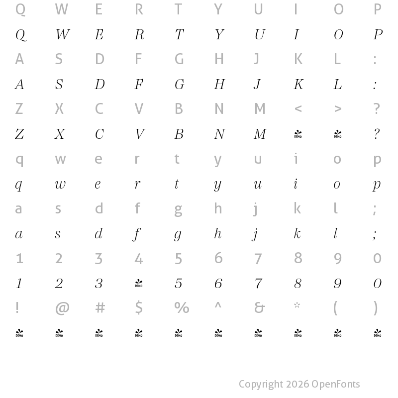 Character Map of FONTSPRING DEMO - Madigan Text Extralight Italic