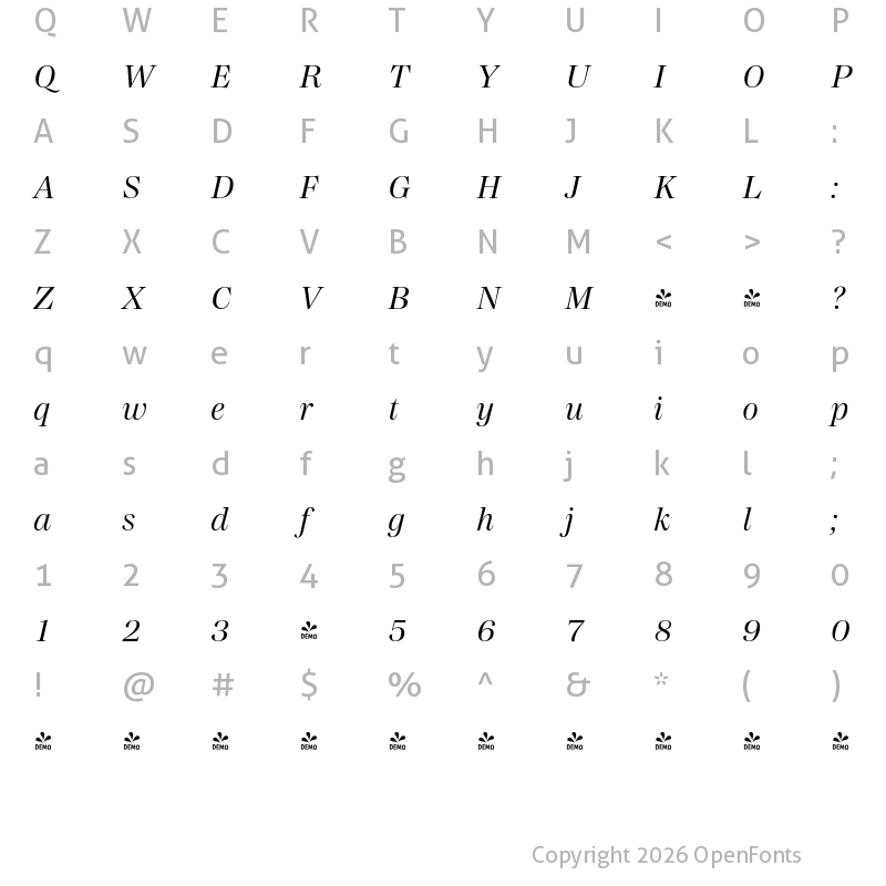 Character Map of FONTSPRING DEMO - Madigan Text Italic
