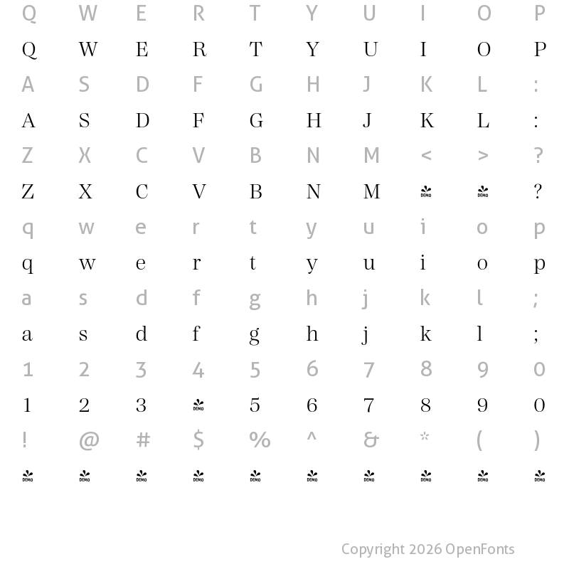 Character Map of FONTSPRING DEMO - Madigan Text Light Regular