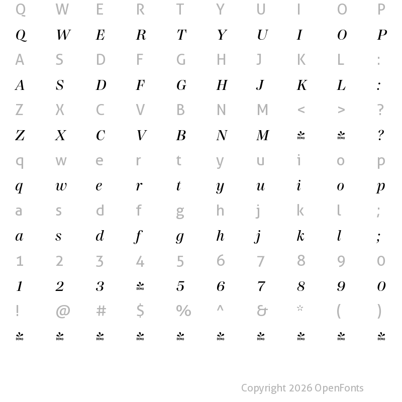 Character Map of FONTSPRING DEMO - Madigan Text Medium Italic