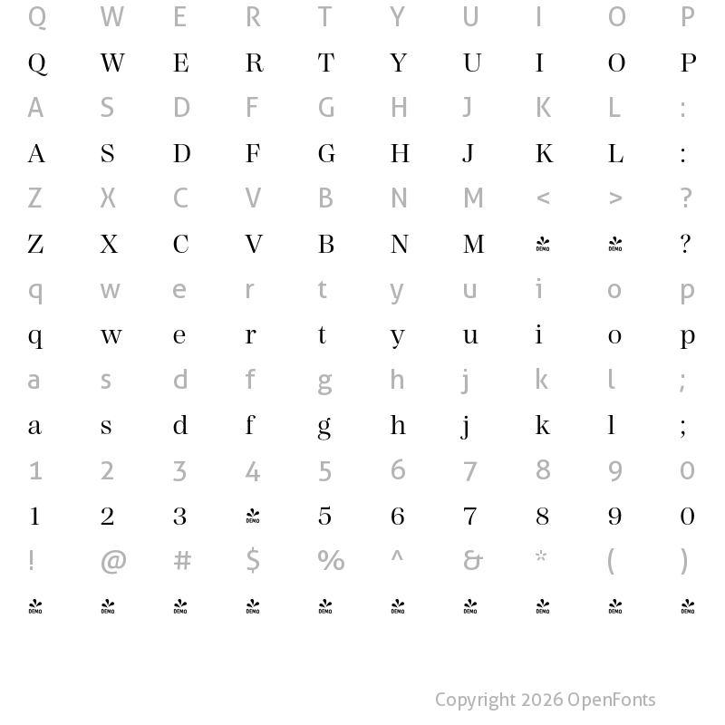 Character Map of FONTSPRING DEMO - Madigan Text Regular