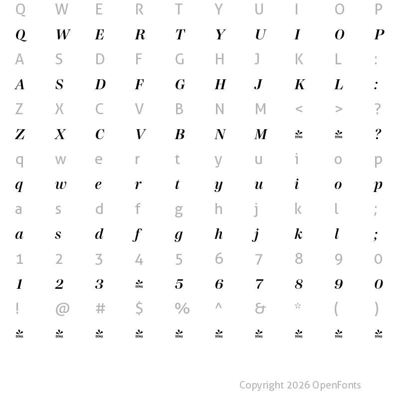 Character Map of FONTSPRING DEMO - Madigan Text Semibold Italic