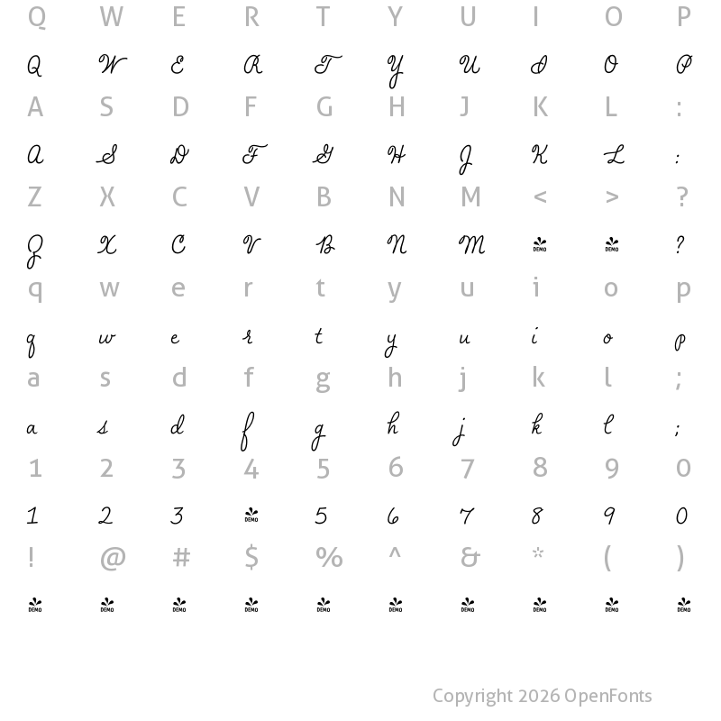 Character Map of FONTSPRING DEMO - Madison Street Script Regular