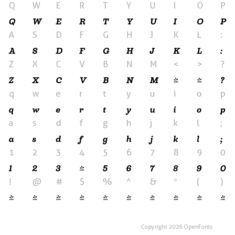 Character Map of FONTSPRING DEMO - Madley Black Italic Regular