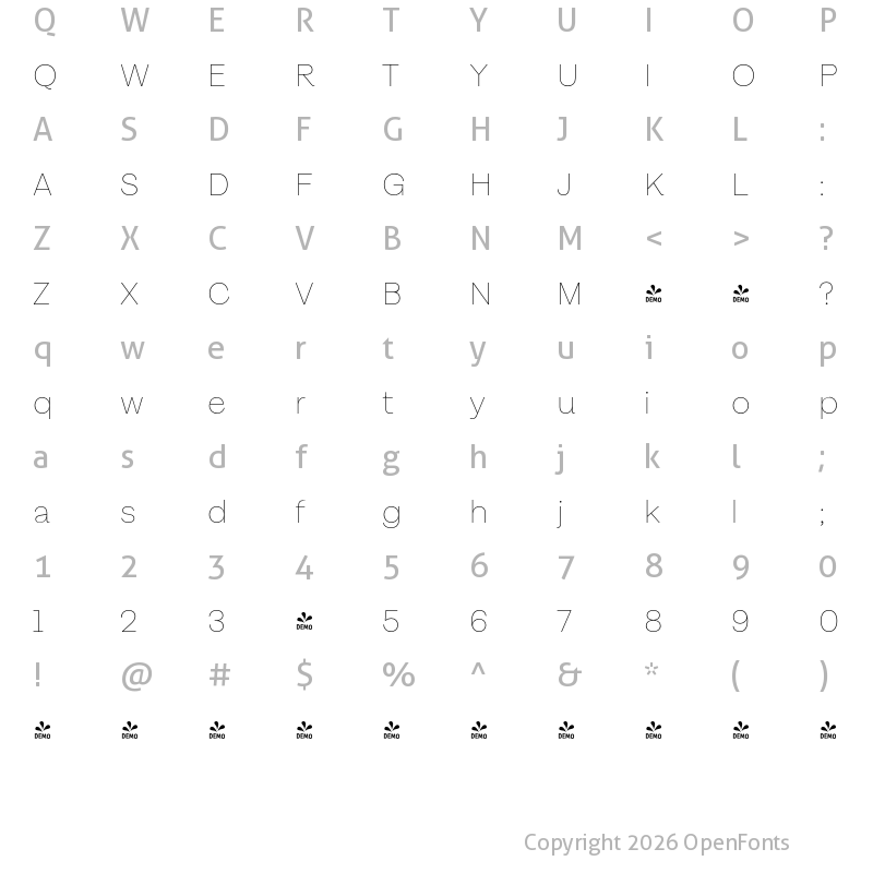 Character Map of FONTSPRING DEMO - Magazine Grotesque Thin Regular