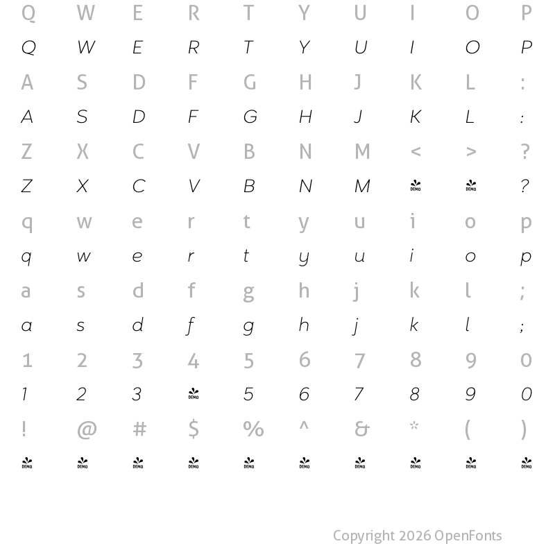 Character Map of FONTSPRING DEMO - Magenos Thin Italic