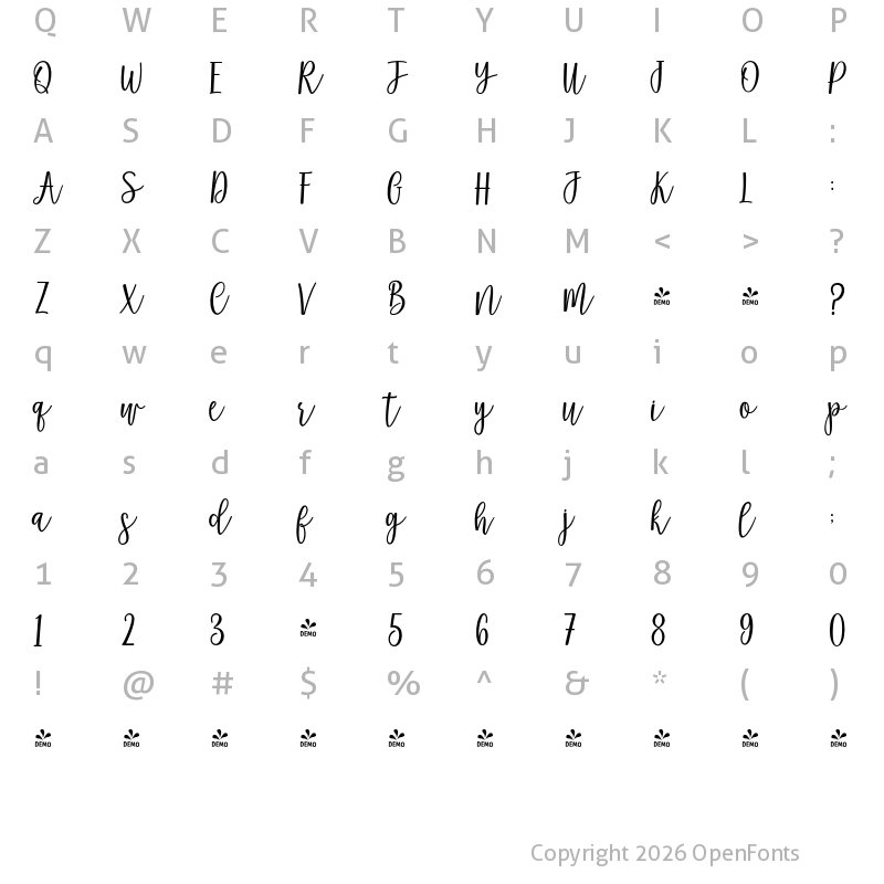 Character Map of FONTSPRING DEMO - Magenta Script Regular