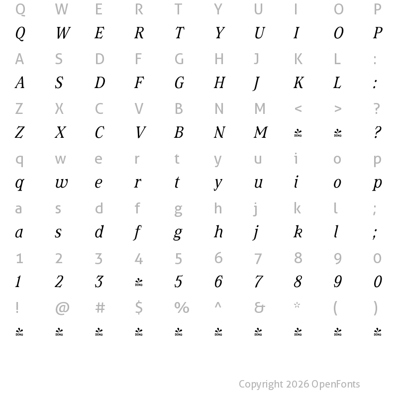 Character Map of FONTSPRING DEMO - Magica Italic