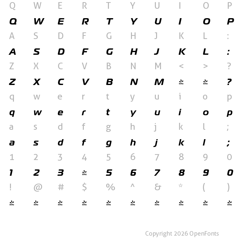 Character Map of FONTSPRING DEMO - Magistral Bold Italic Regular