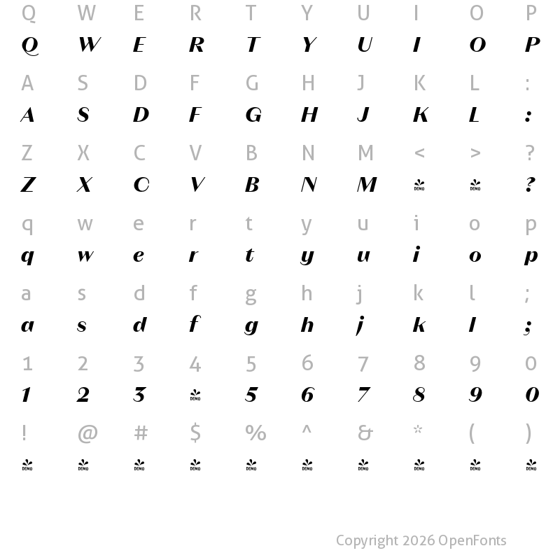 Character Map of FONTSPRING DEMO - Magnat Head Bold Italic