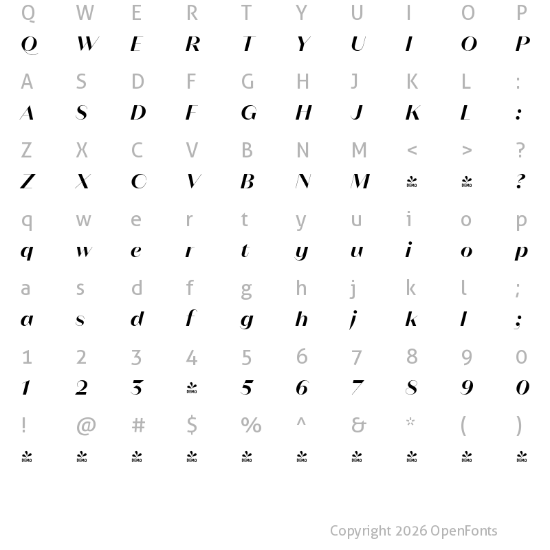 Character Map of FONTSPRING DEMO - Magnat Poster SemiBold Italic
