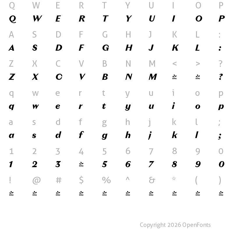 Character Map of FONTSPRING DEMO - Magnat Text Bold Italic