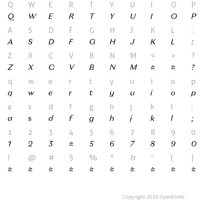 Character Map of FONTSPRING DEMO - Magnat Text Italic