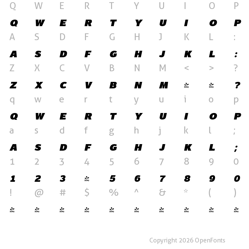 Character Map of FONTSPRING DEMO - Magnum Sans Pro Ex Blck Ital Italic