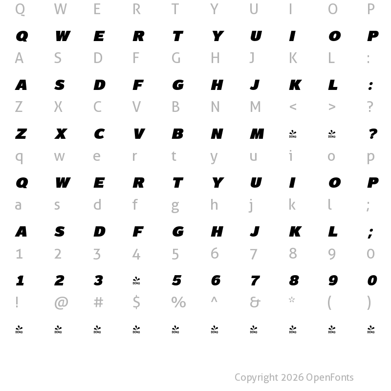 Character Map of FONTSPRING DEMO - Magnum Sans Pro Ex Blck Obliq Italic