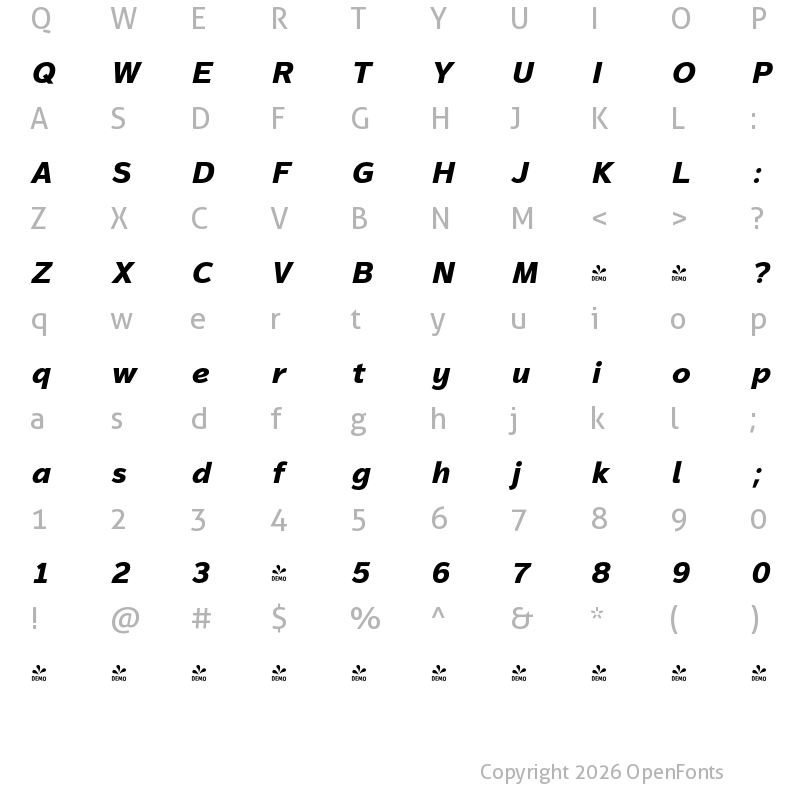 Character Map of FONTSPRING DEMO - Magnum Sans Pro Ex Bold Ital Italic