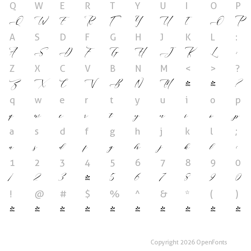 Character Map of FONTSPRING DEMO - Mahogany Script Regular