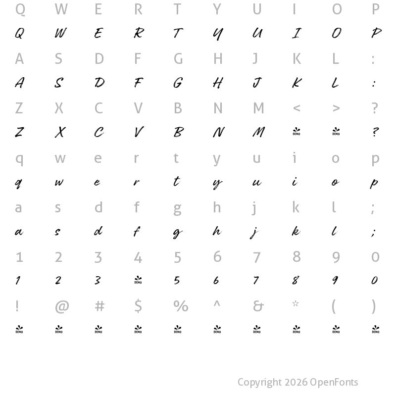 Character Map of FONTSPRING DEMO - Mainsail Script Regular