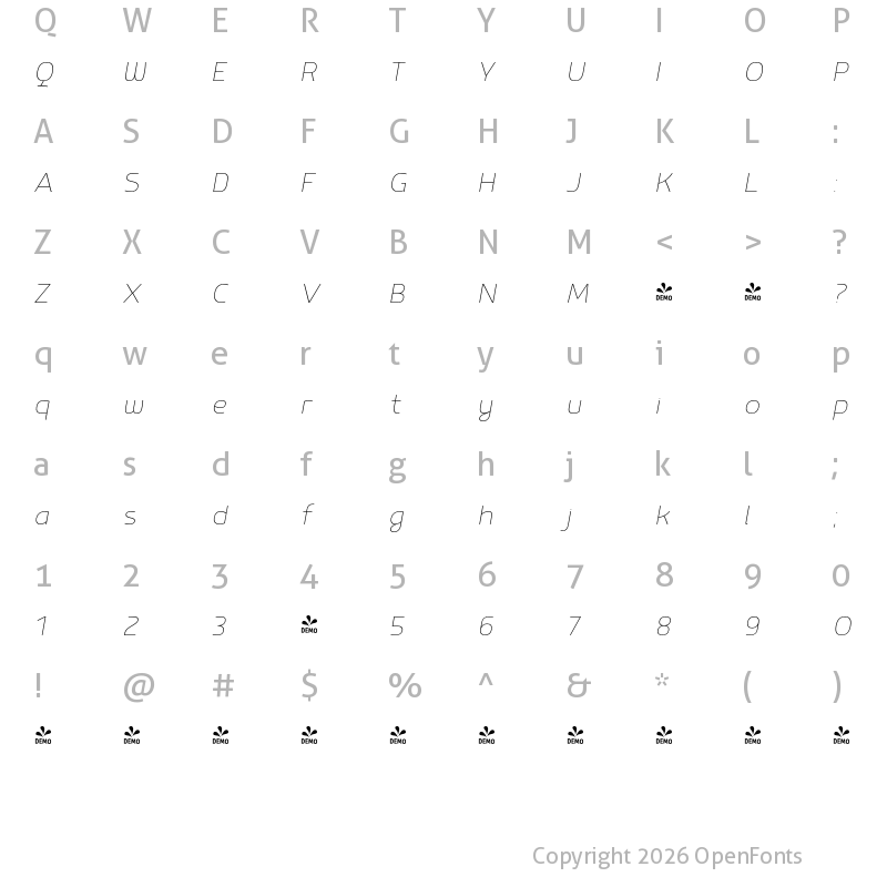 Character Map of FONTSPRING DEMO - Mairy Thin Italic