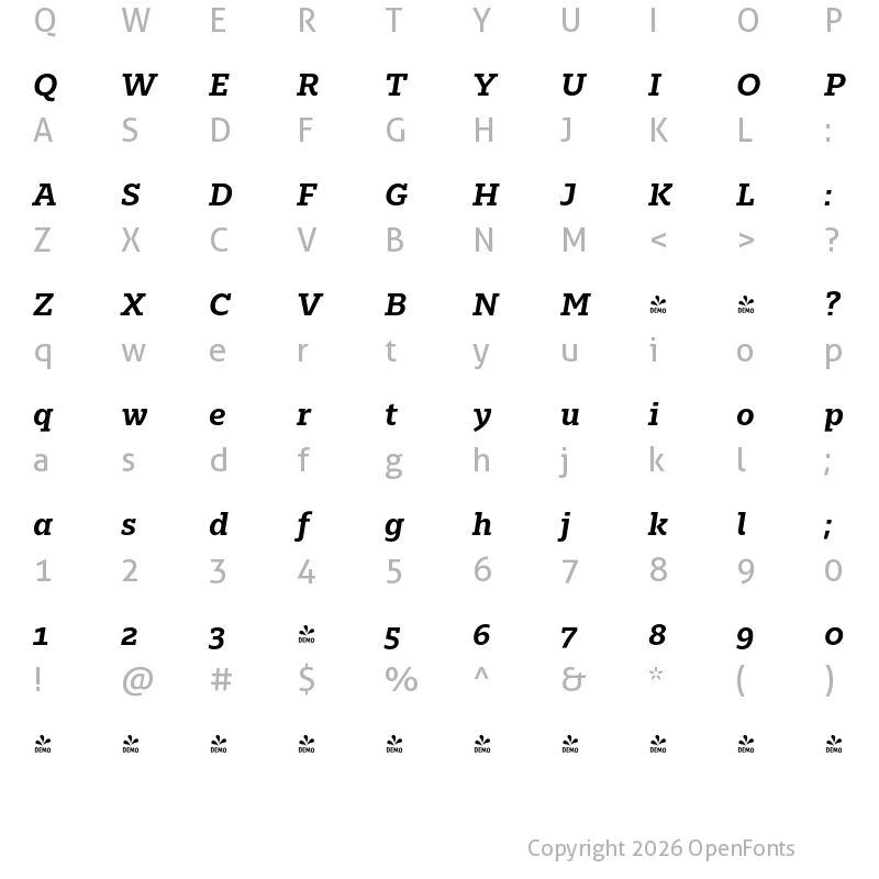 Character Map of FONTSPRING DEMO - Majora Pro Bold It Regular