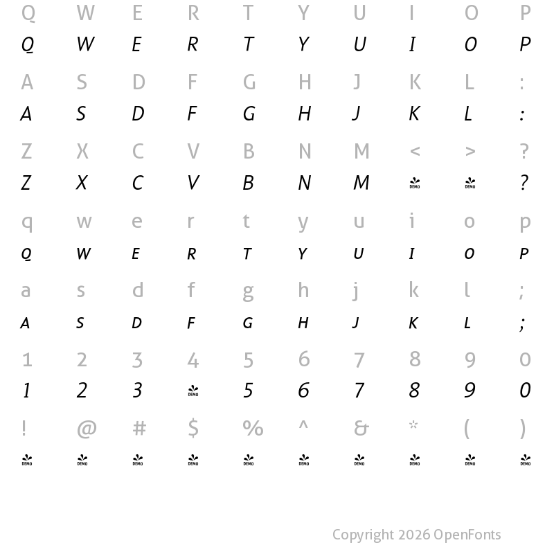 Character Map of FONTSPRING DEMO - Malcom-ExpertSemiLightItalic Regular