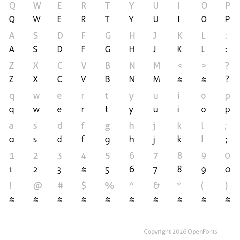 Character Map of FONTSPRING DEMO - Malcom-SemiLight Regular