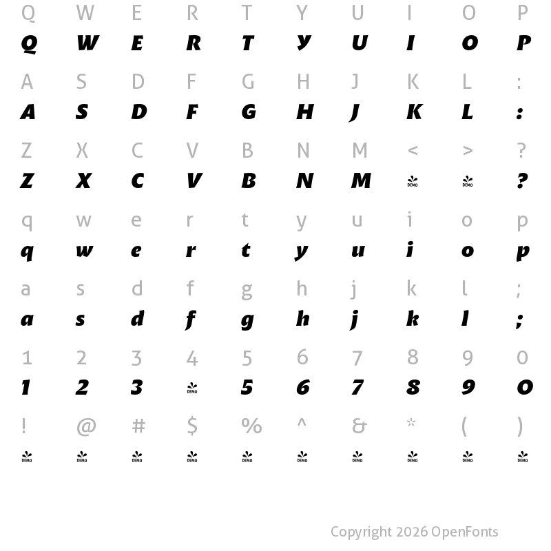 Character Map of FONTSPRING DEMO - Malik Extrabold Italic