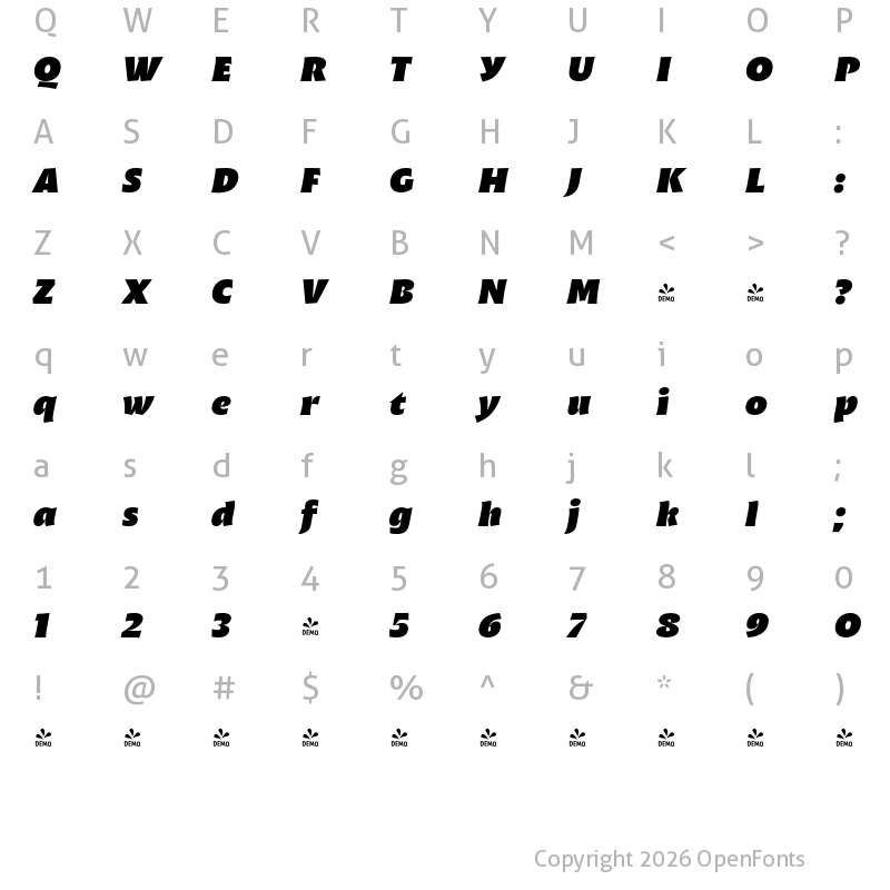 Character Map of FONTSPRING DEMO - Malik Heavy Display Italic