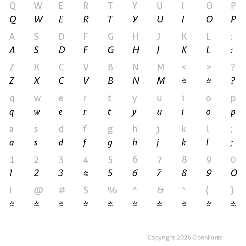 Character Map of FONTSPRING DEMO - Malik Italic