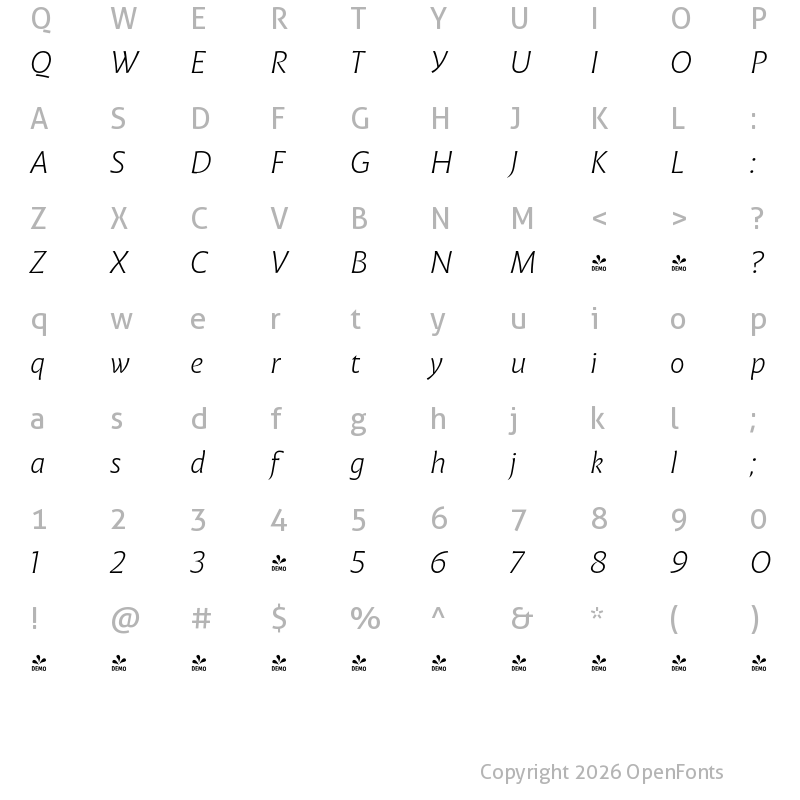 Character Map of FONTSPRING DEMO - Malik Light Italic