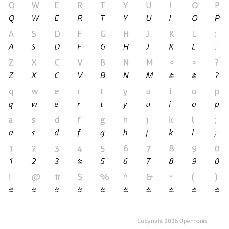 Character Map of FONTSPRING DEMO - Malino Italic