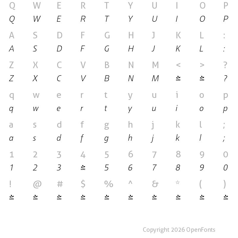 Character Map of FONTSPRING DEMO - Malino Light Italic