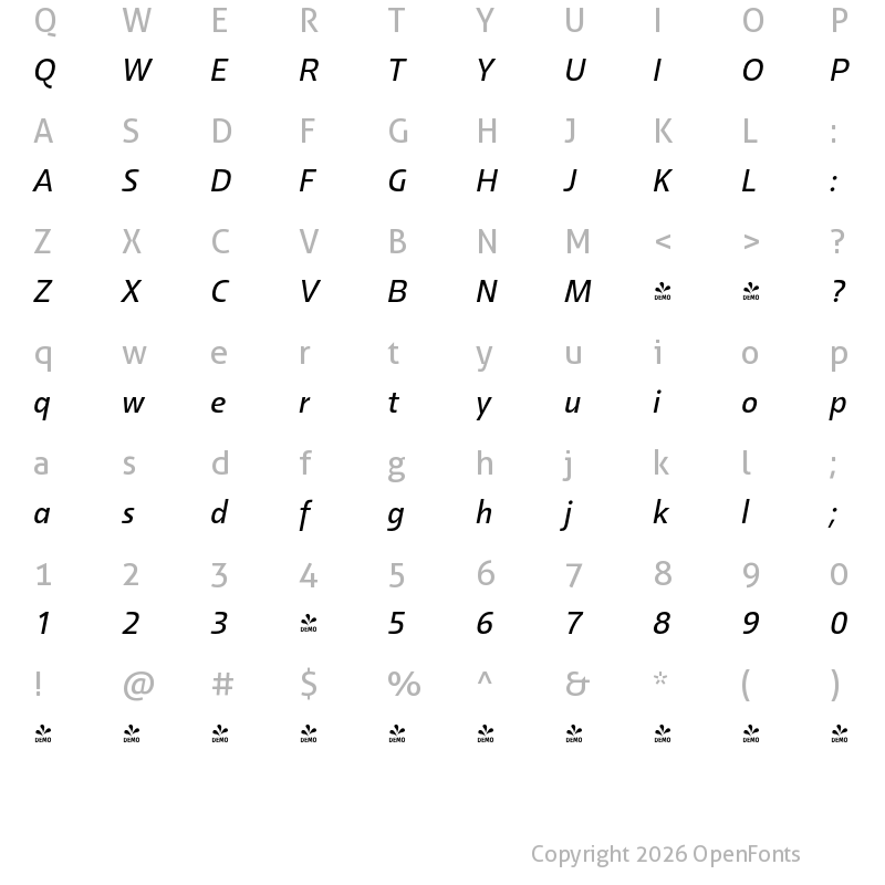 Character Map of FONTSPRING DEMO - Malino Medium Italic