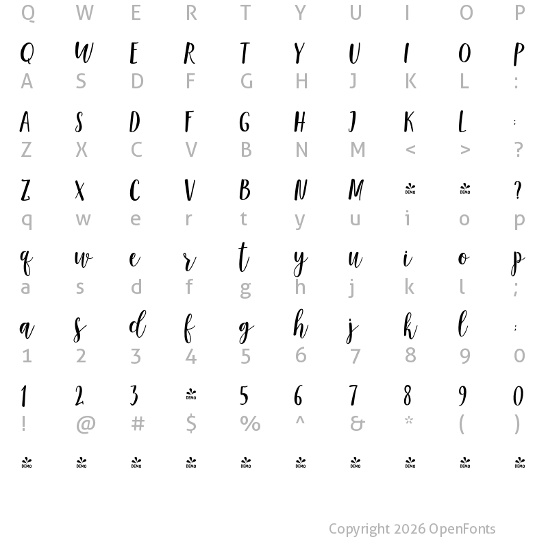 Character Map of FONTSPRING DEMO - Malisia Script Regular