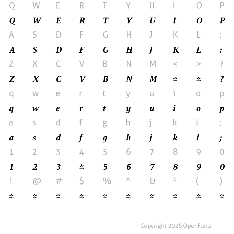 Character Map of FONTSPRING DEMO - Mangan ExtraBold Italic