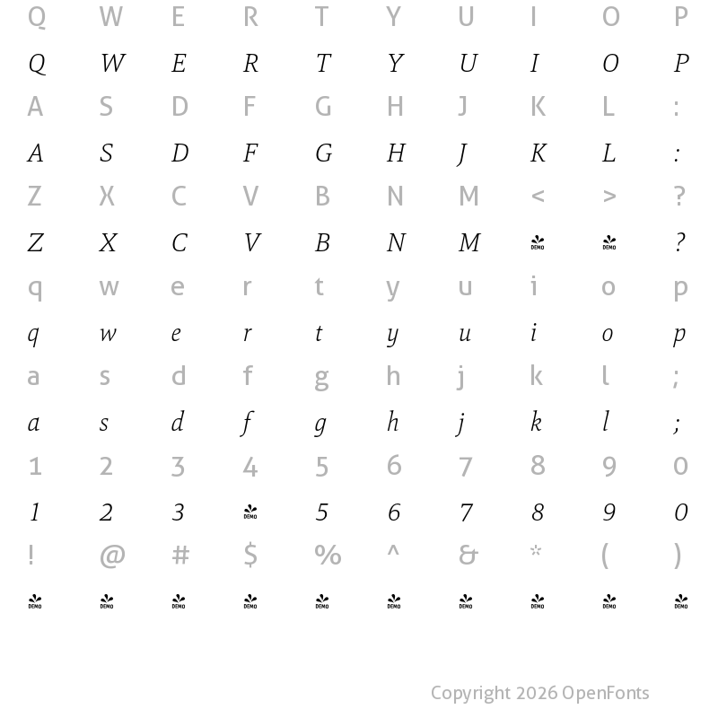 Character Map of FONTSPRING DEMO - Mangan Nova ExtraLight Italic