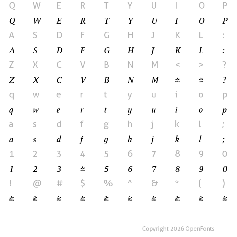 Character Map of FONTSPRING DEMO - Mangan Nova Medium Italic