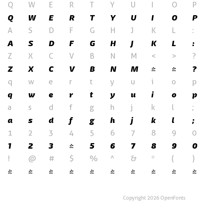 Character Map of FONTSPRING DEMO - Mangerica Pro Black Italic Regular