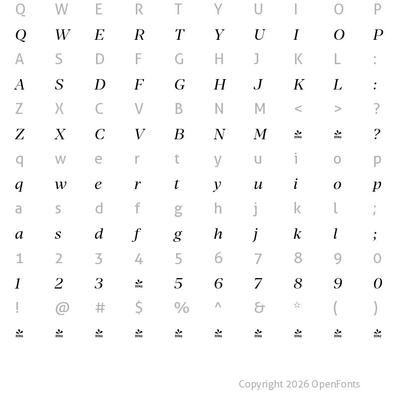 Character Map of FONTSPRING DEMO - Manier Italic Regular