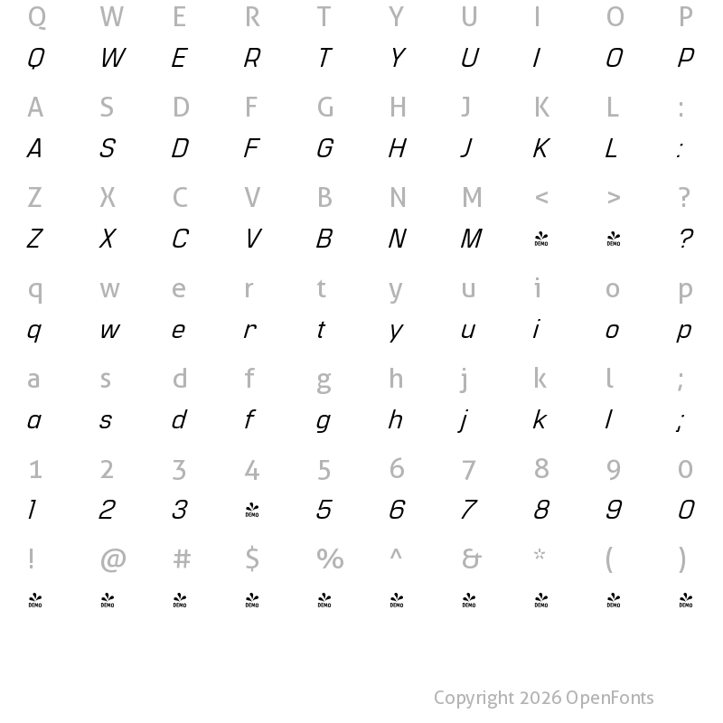 Character Map of FONTSPRING DEMO - Manifold CF Medium Italic