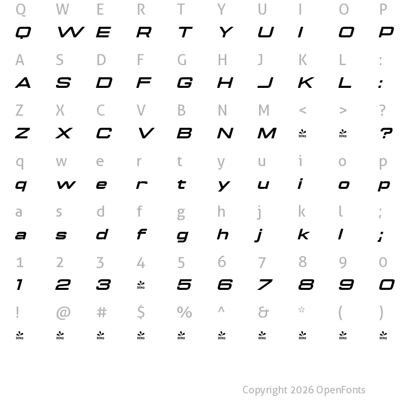 Character Map of FONTSPRING DEMO - Manifold Extended CF Heavy Italic