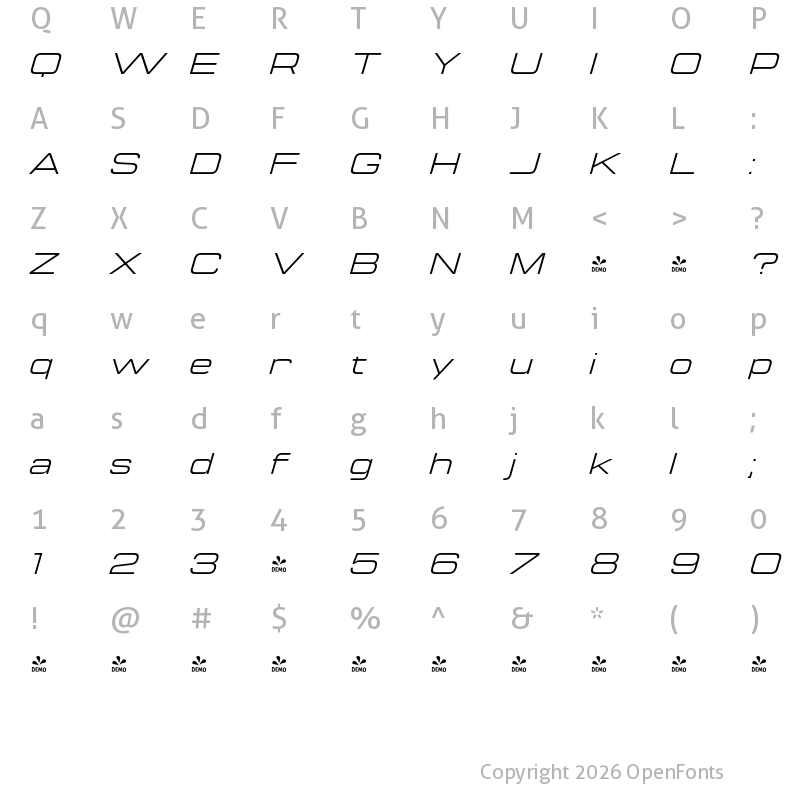 Character Map of FONTSPRING DEMO - Manifold Extended CF Italic