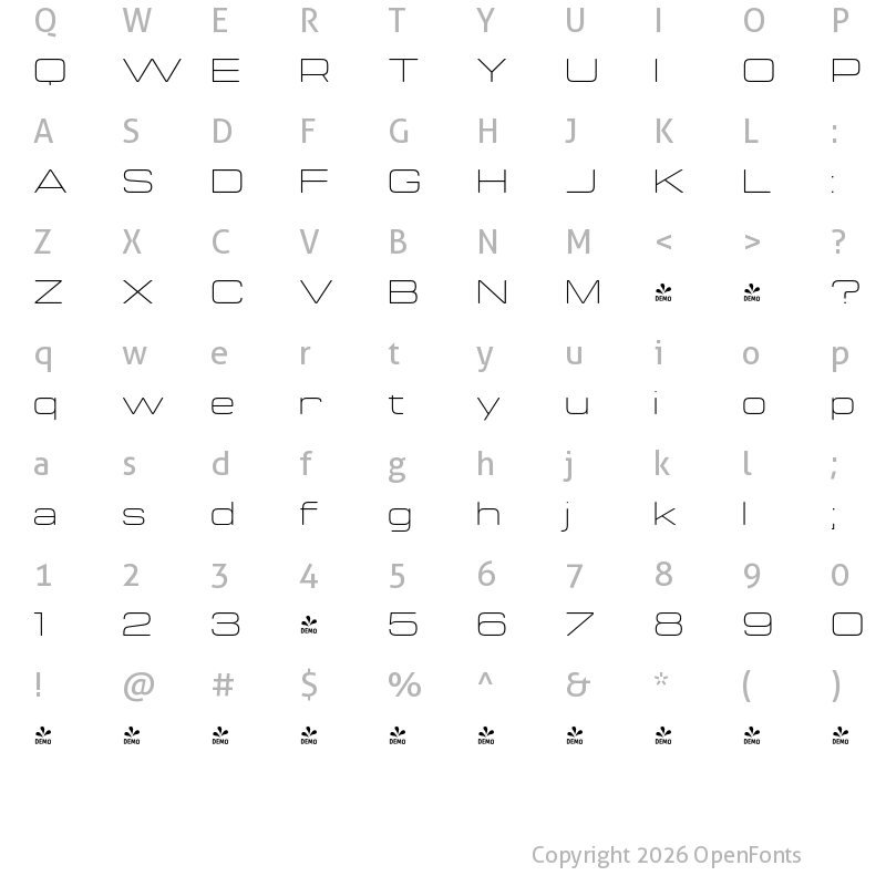 Character Map of FONTSPRING DEMO - Manifold Extended CF Thin Regular