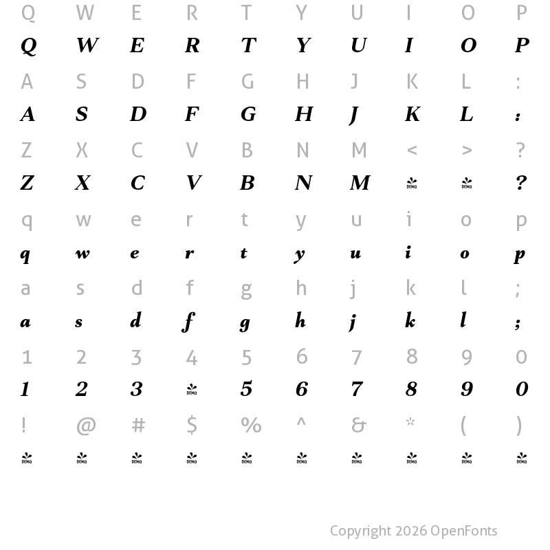 Character Map of FONTSPRING DEMO - Mantonico Bold Italic